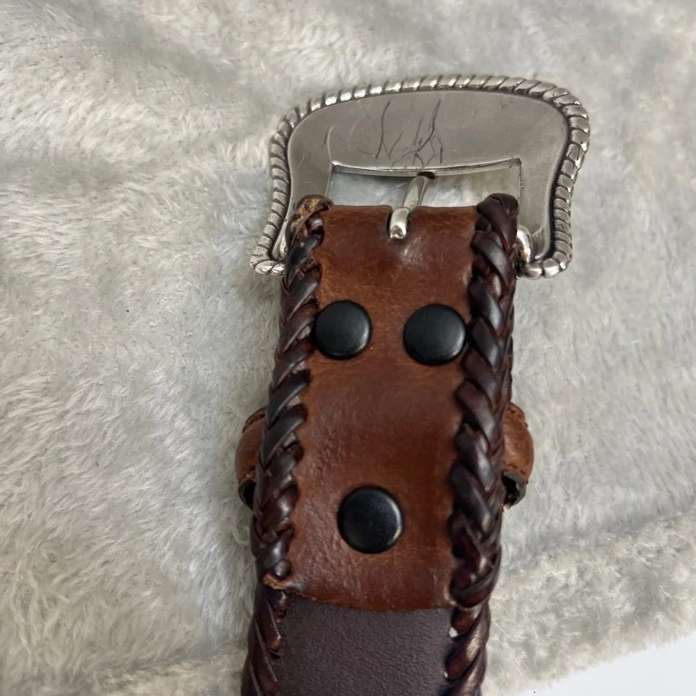 Nocona Belt Co‎ Mens 38 Brown Leather Western Belt Engraved Buckle Rustic Rugged